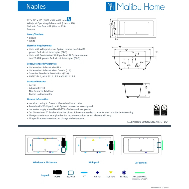 Naples 72" x 36" Drop In Soaking Acrylic Bathtub