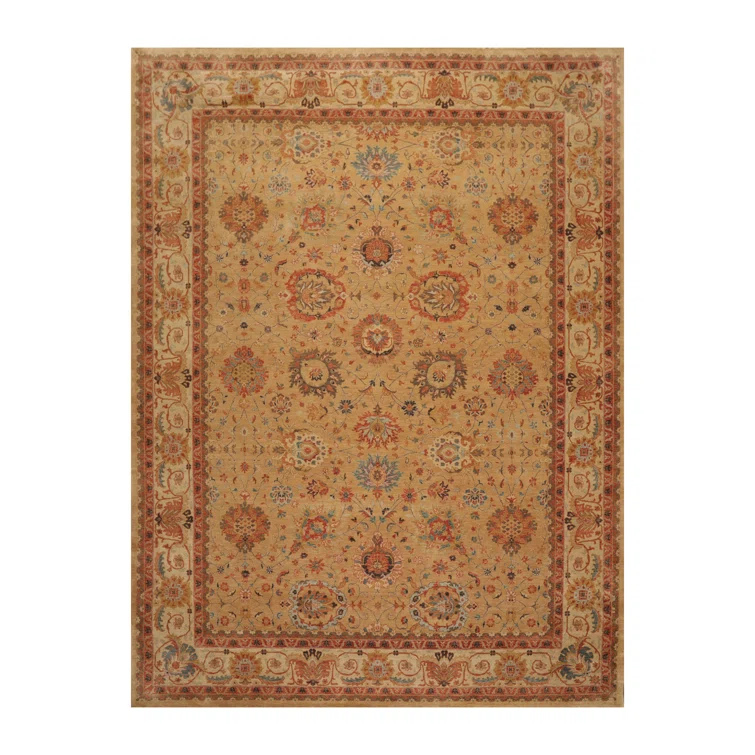 Hand-Knotted Beige and Blue Wool Oriental Rug, 9' x 12'