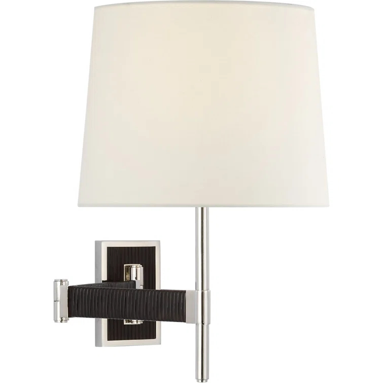 Elle Polished Nickel & Black Rattan 17'' Swing Arm Sconce with Linen Shade