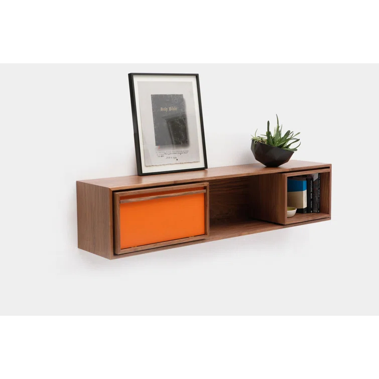 Low Units Walnut Recessed Wall Shelf with Drawer