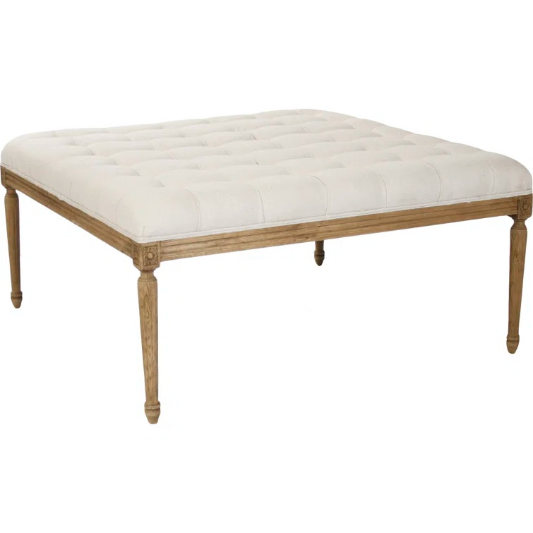 Off-White Cotton Tufted Square Ottoman with Wooden Frame
