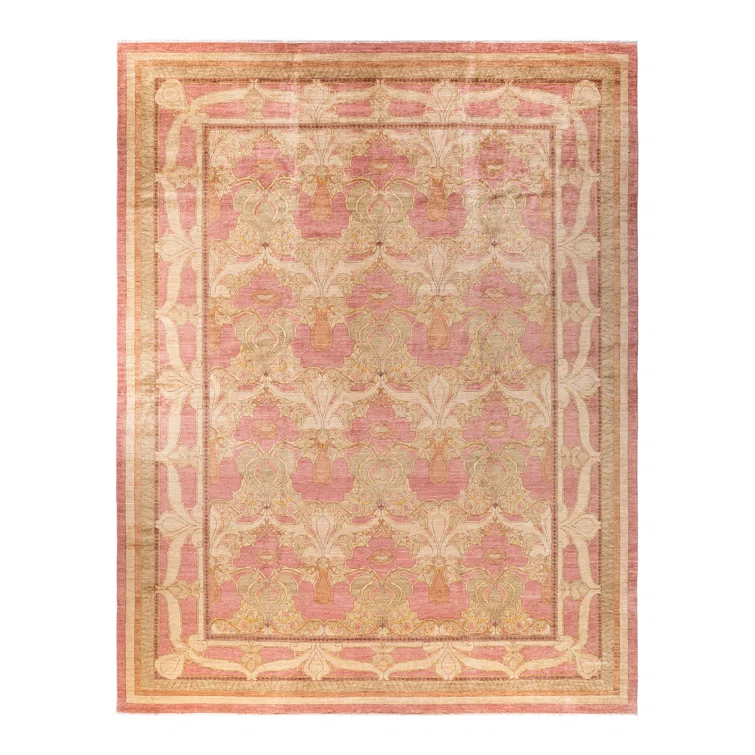 Hand-Knotted Wool Floral Contemporary Pink Area Rug 11' 10" x 15' 0"