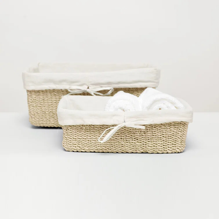 Bleached Abaca Woven Nested Storage Baskets with Linen Liner (Set of 2)