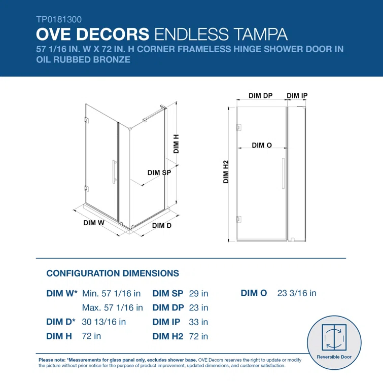 Endless Tampa-Pro 57" W x 72" H Corner Frameless Shower Kit, Door, Panel