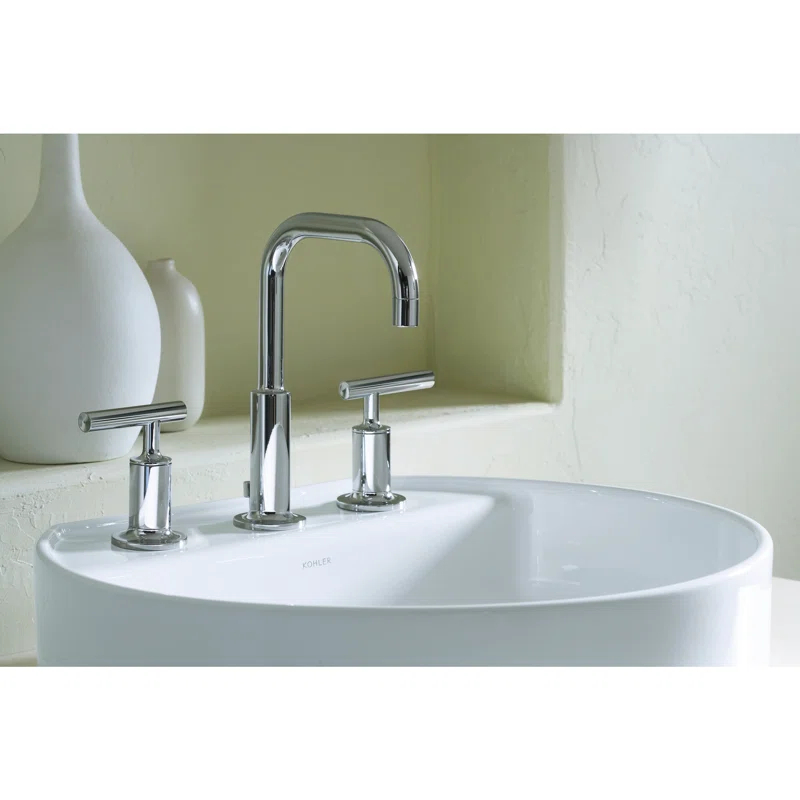 Purist® Widespread Faucet with Drain Assembly Low Lever Handles and Low Gooseneck Spout