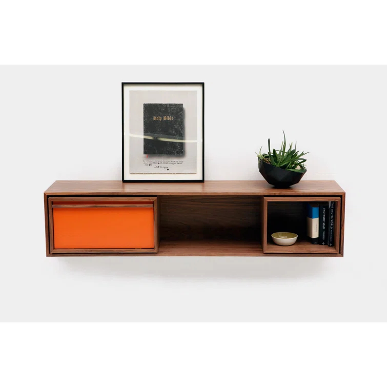 Low Units Walnut Recessed Wall Shelf with Drawer