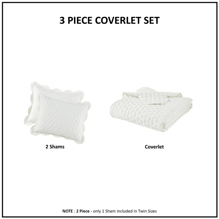Solid Color 3 Piece Scalloped Edge Crinkle Microfiber Quilt Set