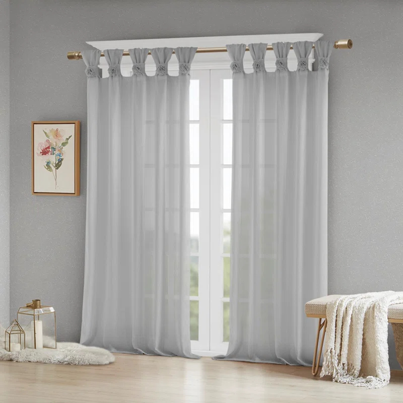 Rosette Floral Embellished Cuff Tab Top Solid Curtain Panel
