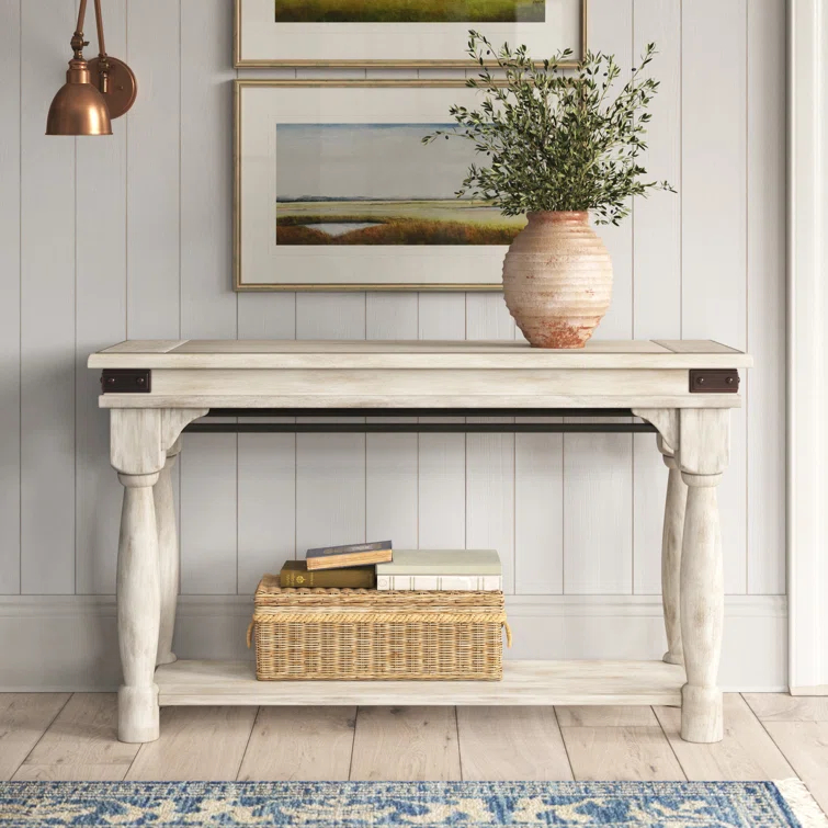 Farmhouse White 50" Rectangular Sofa Table with Storage Shelf