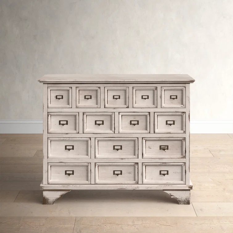Antique White Distressed 15-Drawer Light Wood Apothecary Cabinet