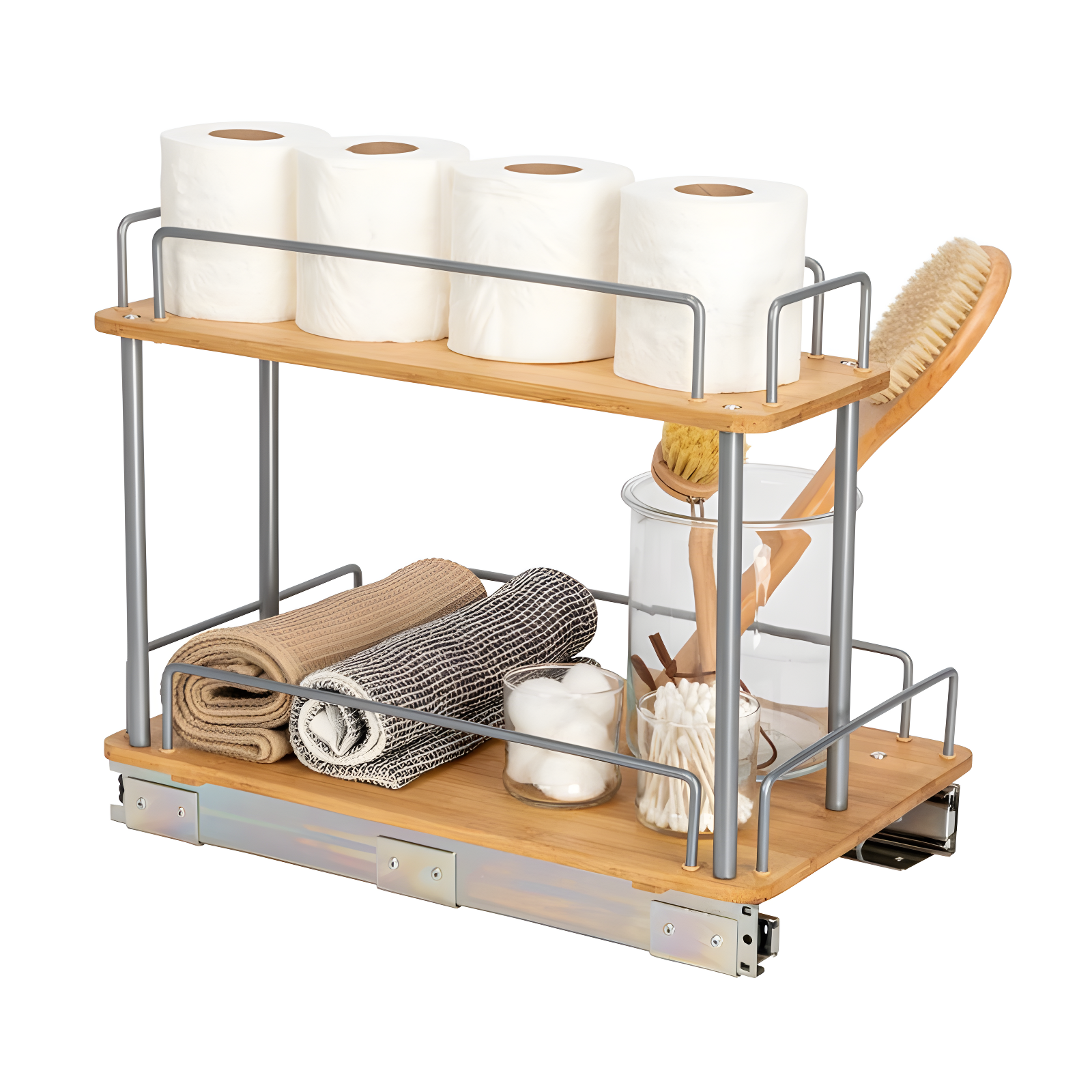 Glidez Steel and Bamboo Pull-Out/Slide-Out Storage Organizer for Under Sink or Cabinet Use - 2 -Tier Design - Brushed Silver and Natural