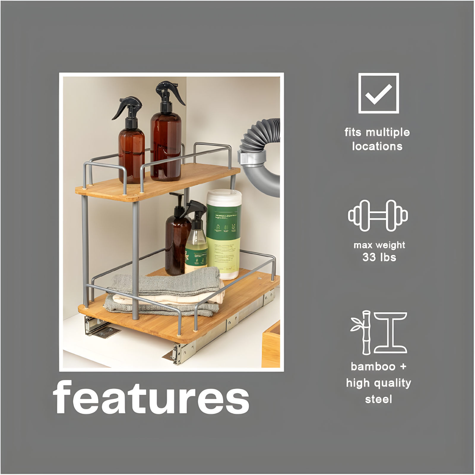 Glidez Steel and Bamboo Pull-Out/Slide-Out Storage Organizer for Under Sink or Cabinet Use - 2 -Tier Design - Brushed Silver and Natural
