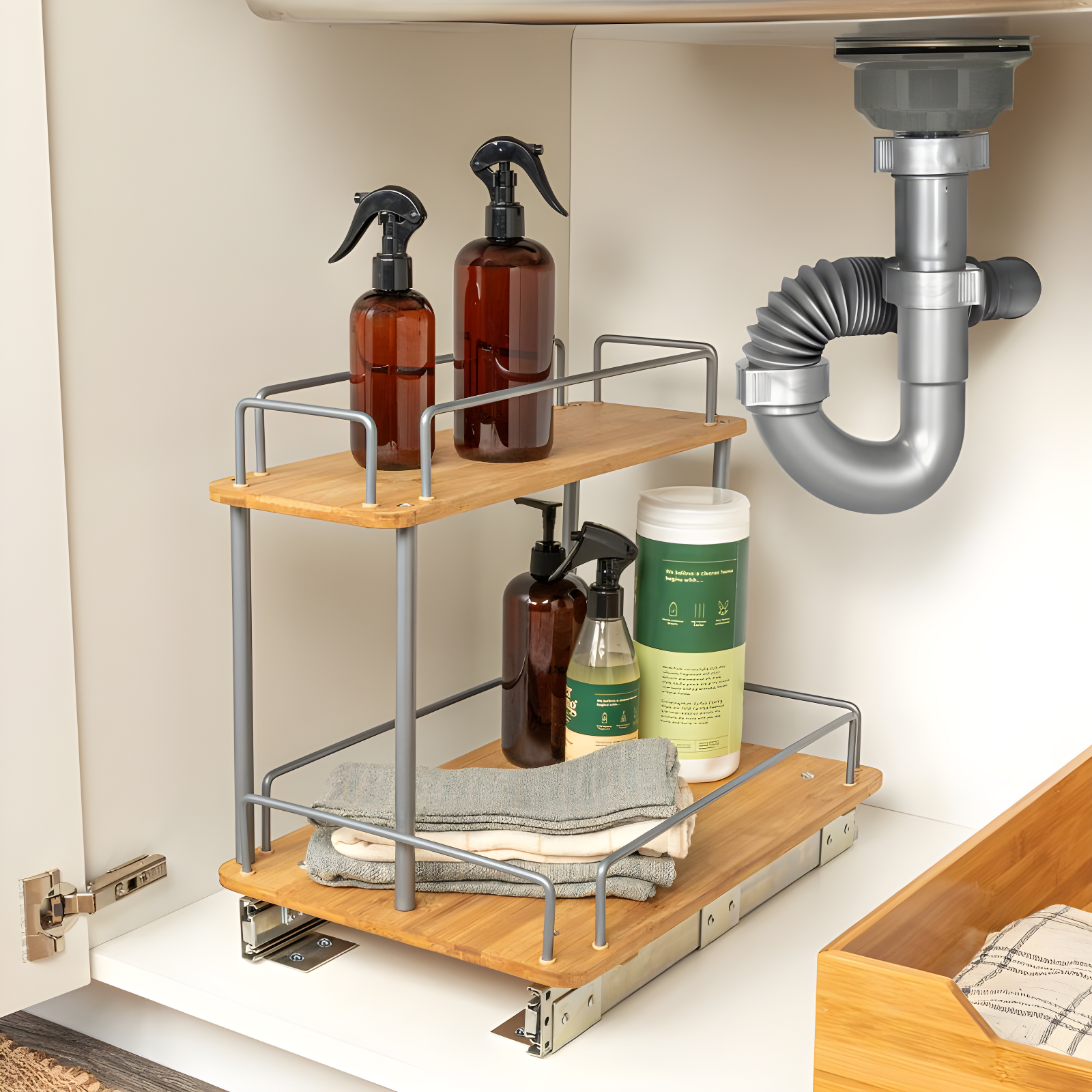 Glidez Steel and Bamboo Pull-Out/Slide-Out Storage Organizer for Under Sink or Cabinet Use - 2 -Tier Design - Brushed Silver and Natural