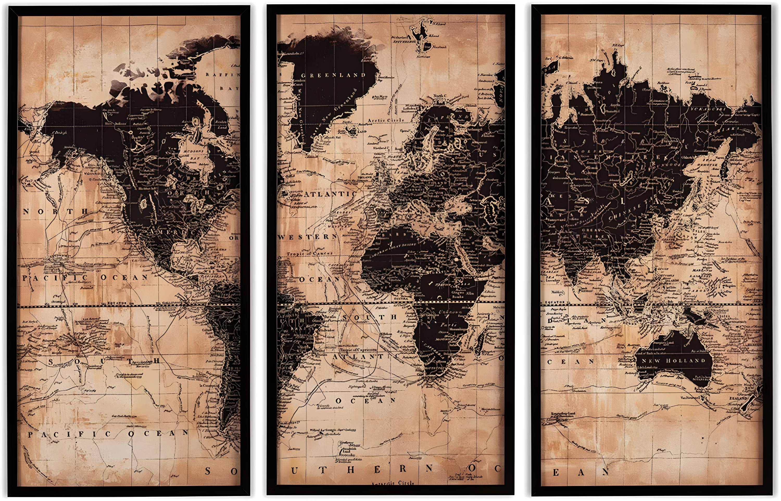 Contemporary World Map Canvas Art in Beige and Black