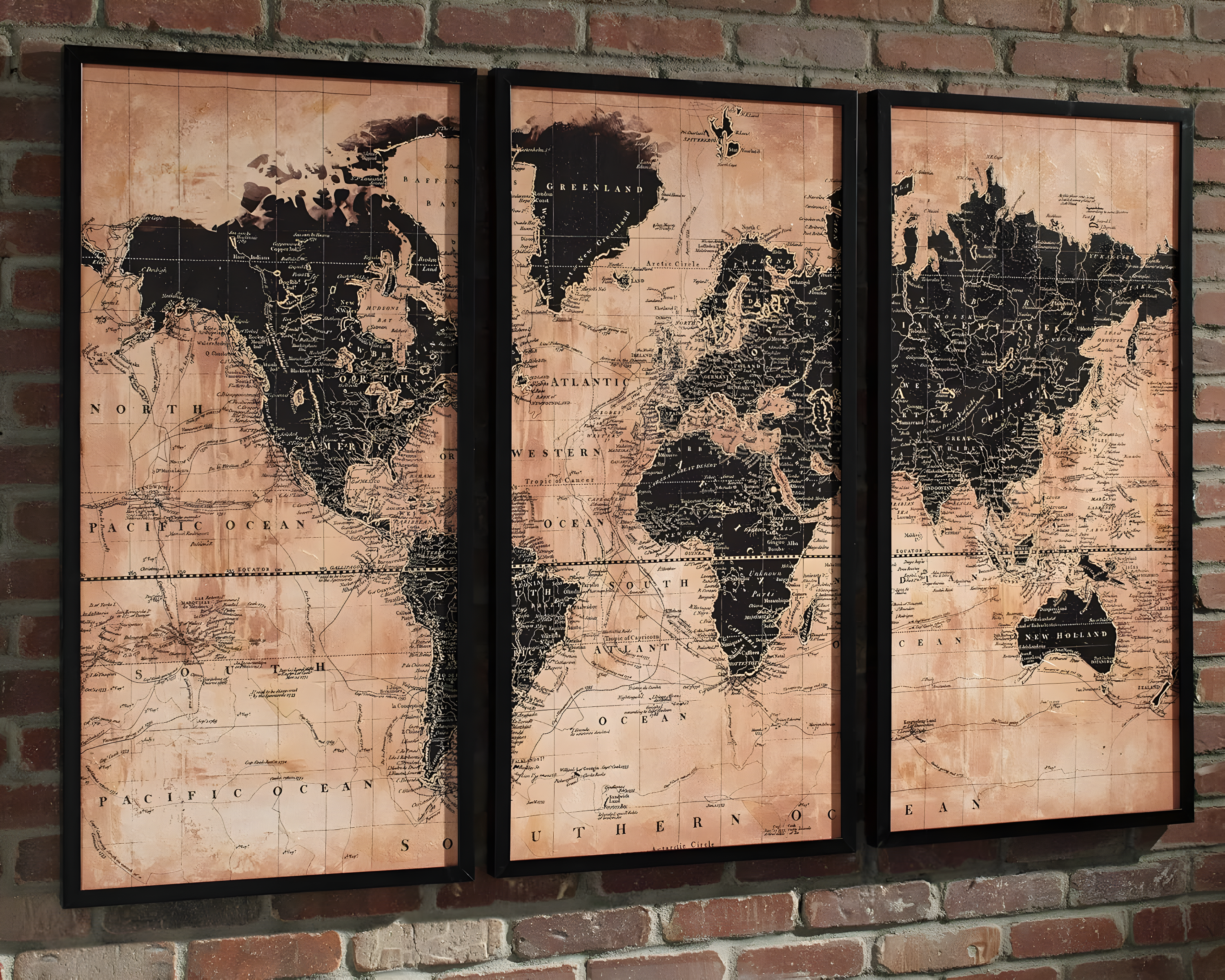 Contemporary World Map Canvas Art in Beige and Black