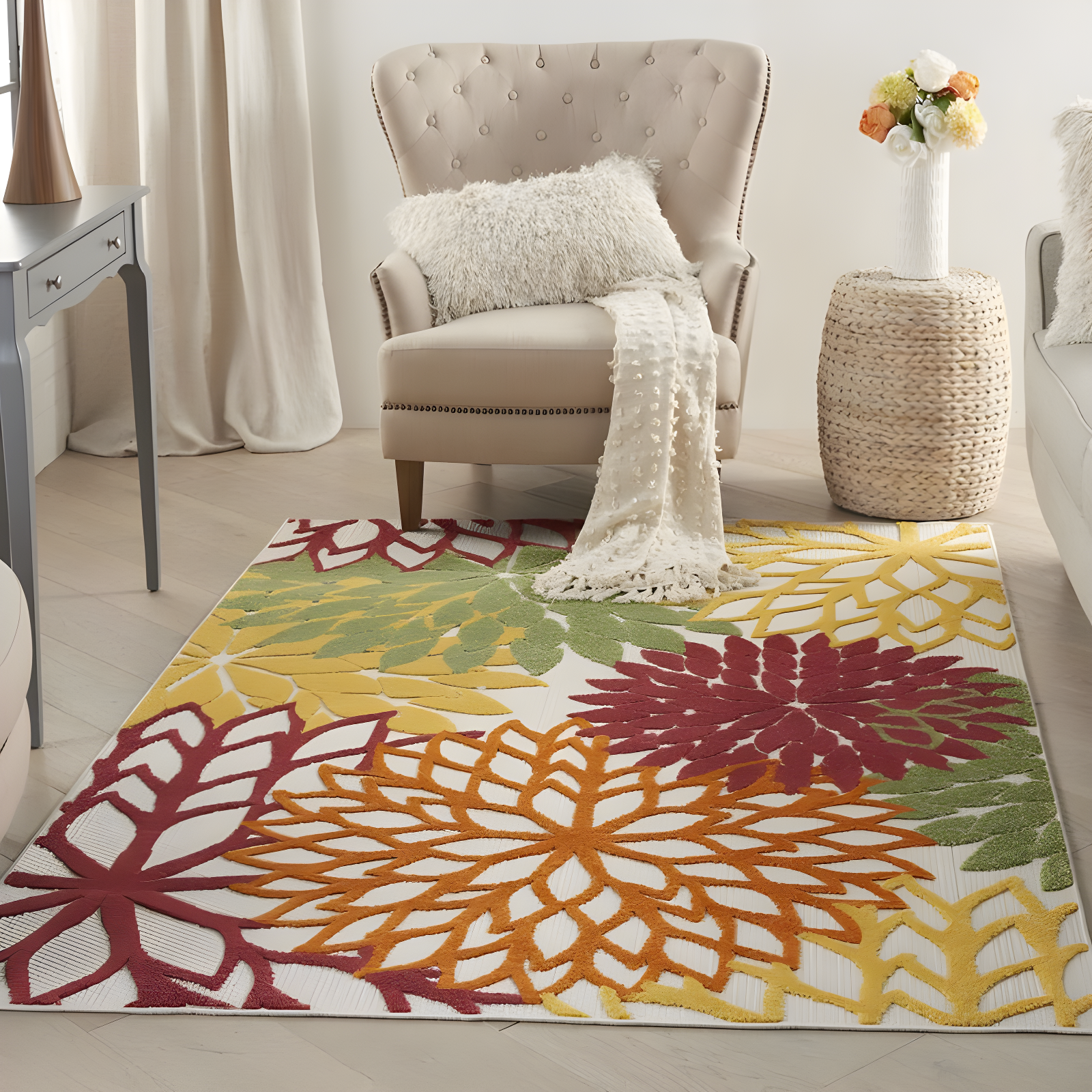 Nourison Aloha Floral Bloom Flatweave High-Low Indoor Outdoor Area Rug Red Multi Colored 3'6" x 5'6"