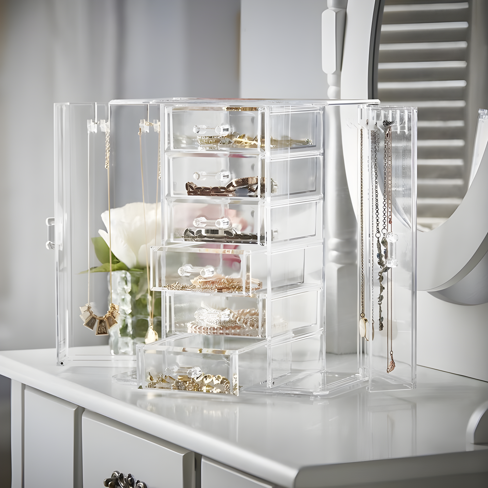 OnDisplay Clear Acrylic Jewelry Organizer Box with 6 Drawers and Side Hooks – Makeup, Necklace, and Accessory Storage for Dresser or Vanity