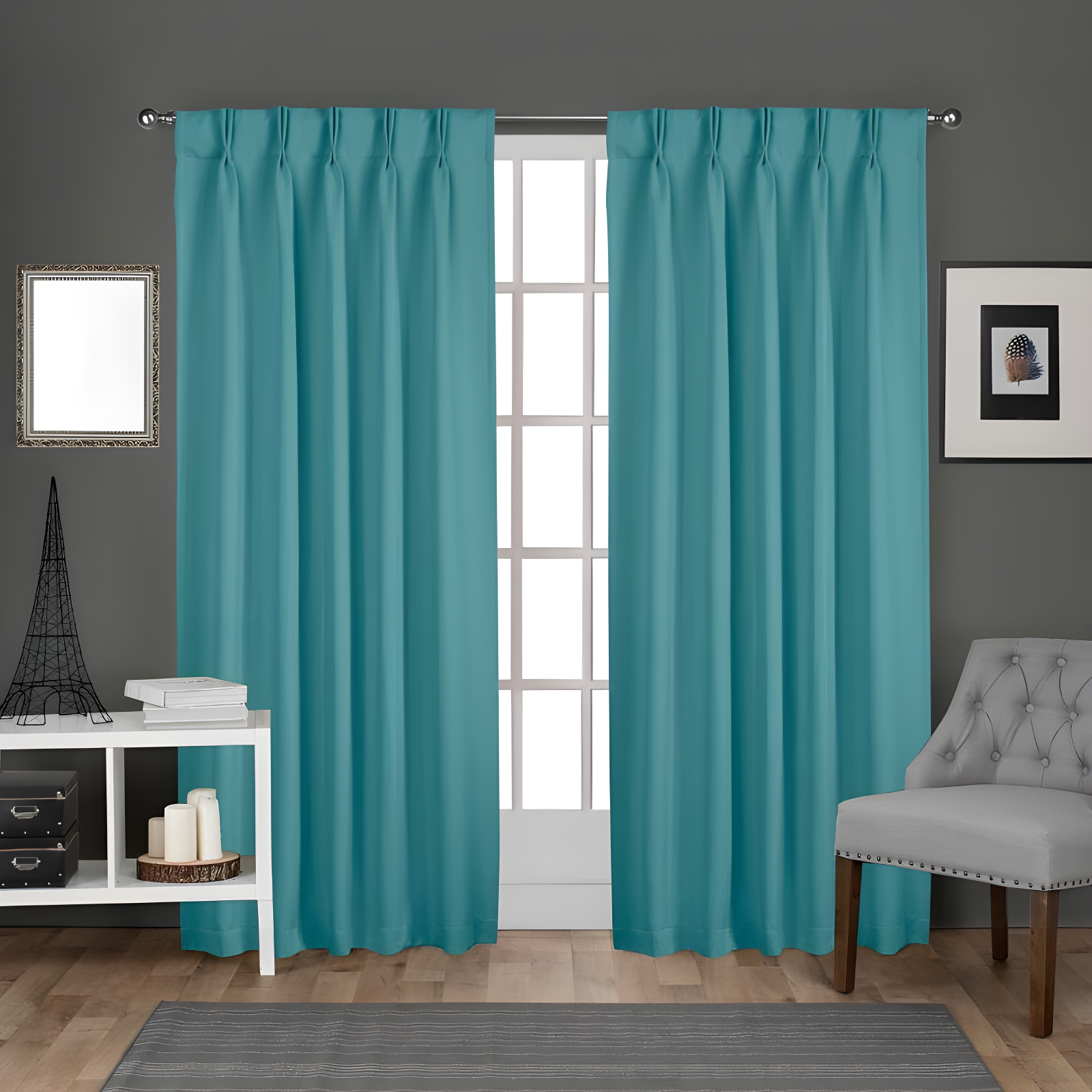 Set of 2 96"x52" Sateen Pinch Pleat Woven Blackout Back Tab Window Curtain Panel Teal - Exclusive Home