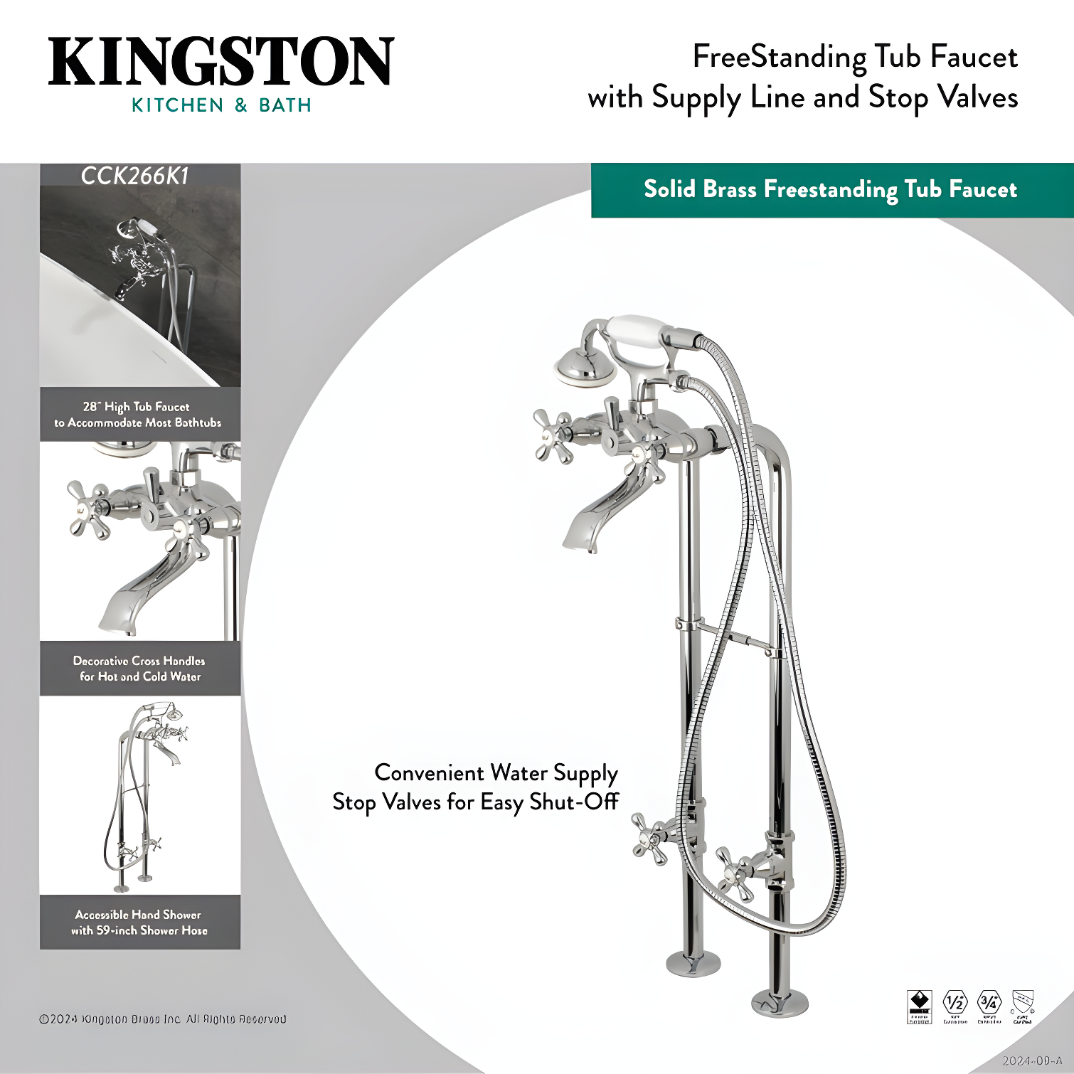 Kingston Brass Kingston Three-Handle 2-Hole Freestanding Tub Faucet with Supply Line and Stop Valve