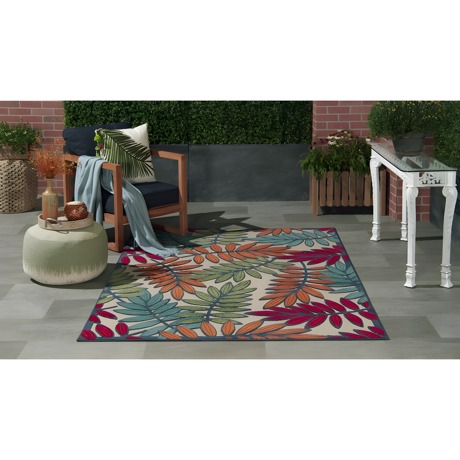 Nourison Aloha Floral Leaf Flatweave High-Low Indoor Outdoor Round Rug Ivory Green 5'3" x 5'3"