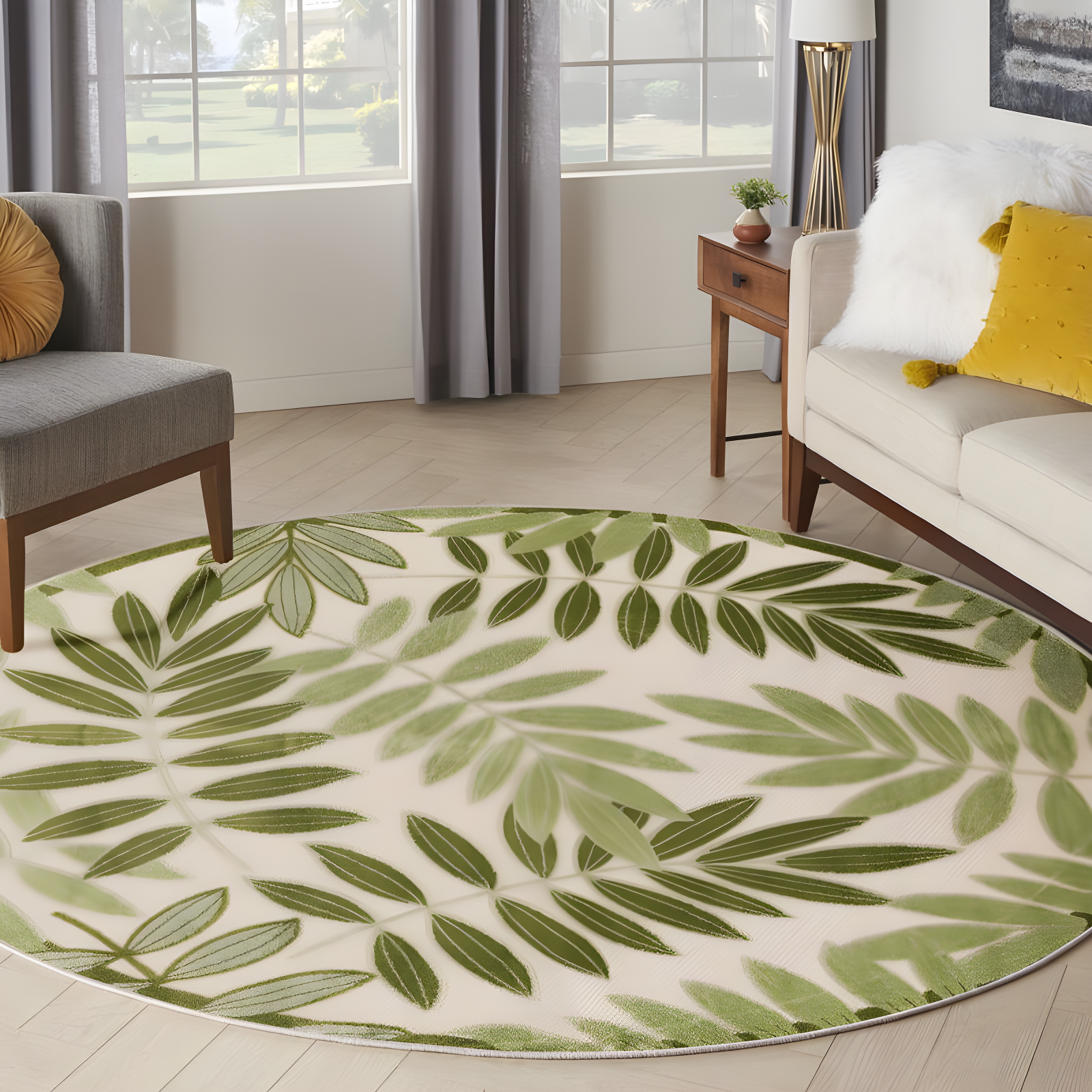 Nourison Aloha Floral Leaf Flatweave High-Low Indoor Outdoor Round Rug Ivory Green 5'3" x 5'3"