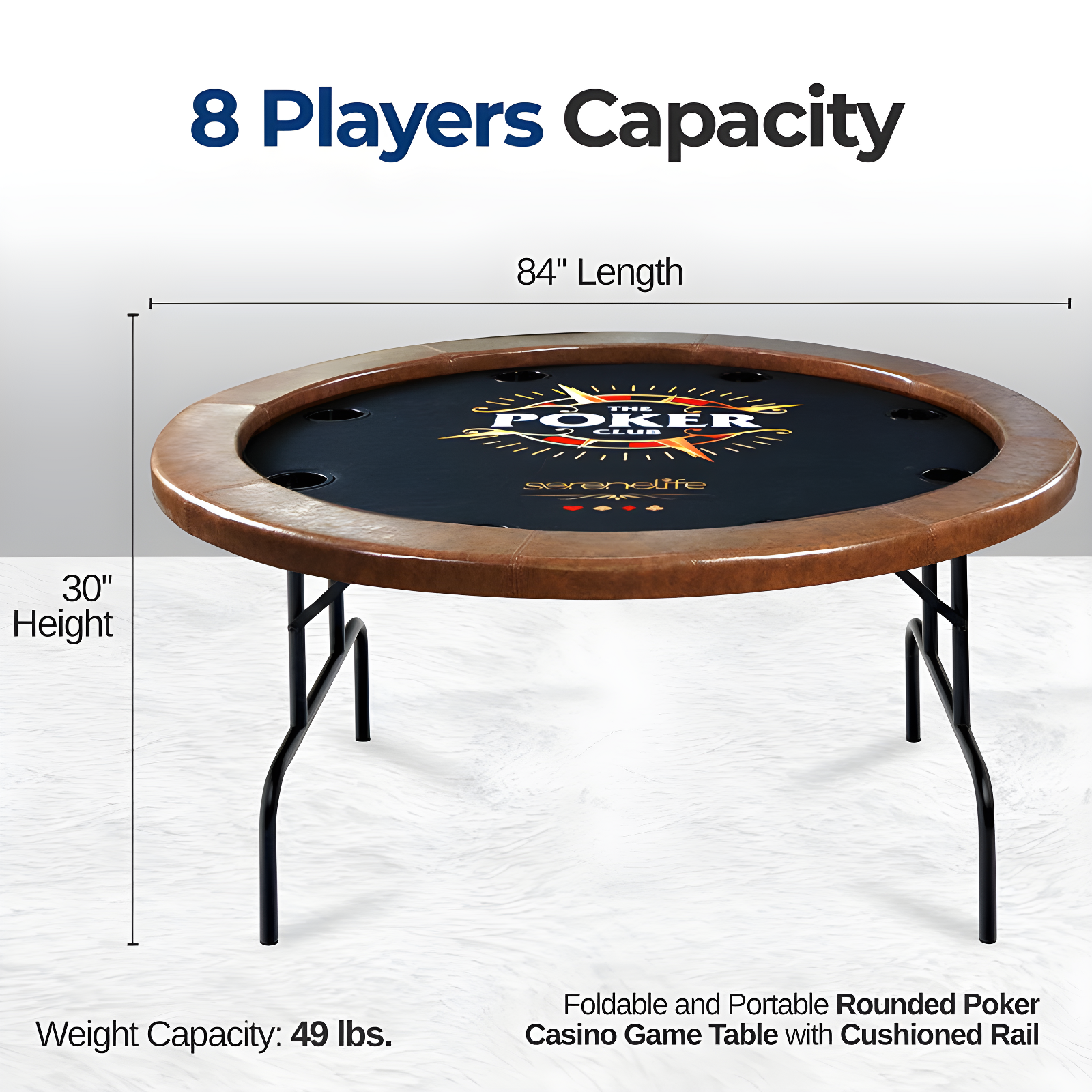 SereneLife 8-Player Foldable Rounded Poker/Casino Game Table with Cushioned Rail