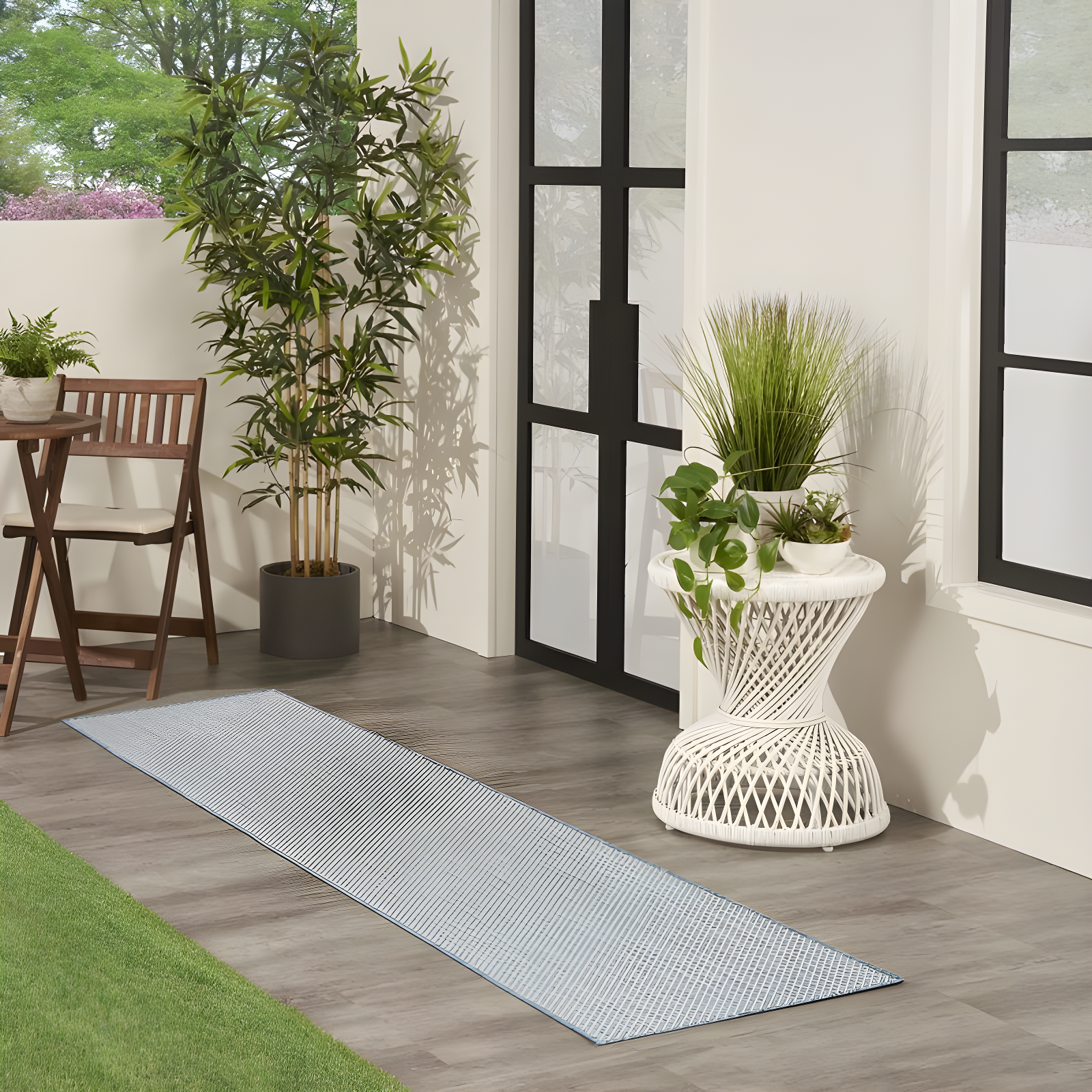 Nourison 2'2" x 8' Courtyard Modern Easy Care Flatweave Indoor Outdoor Runner Rug Ivory/Aqua