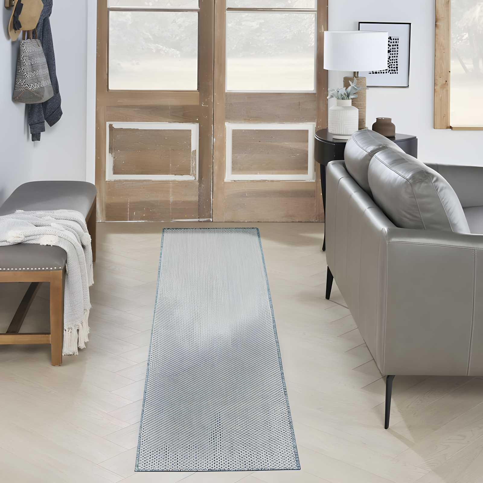 Nourison 2'2" x 8' Courtyard Modern Easy Care Flatweave Indoor Outdoor Runner Rug Ivory/Aqua