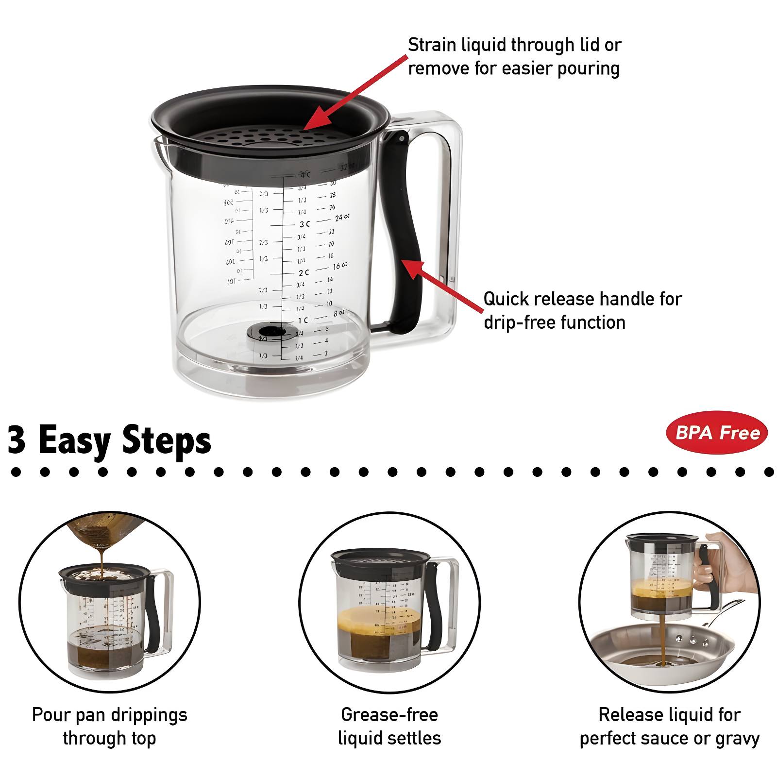 Amco 4 Cup Easy Release Fat And Gravy Separator With Deep Removable Lid & Quick Release Handle - Black