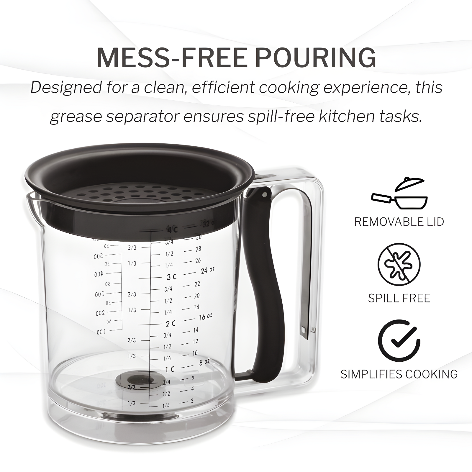 Amco 4 Cup Easy Release Fat And Gravy Separator With Deep Removable Lid & Quick Release Handle - Black