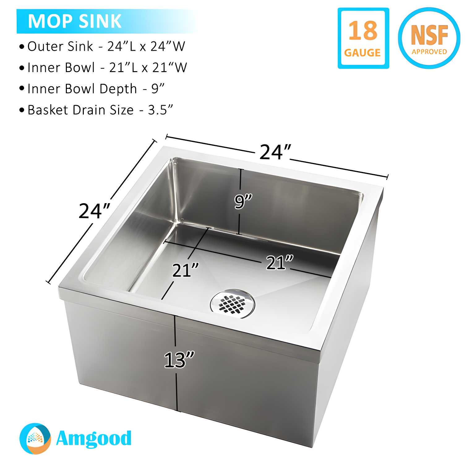 Stainless Steel Floor Mop Sink. 24" x 24" x 13" Sink