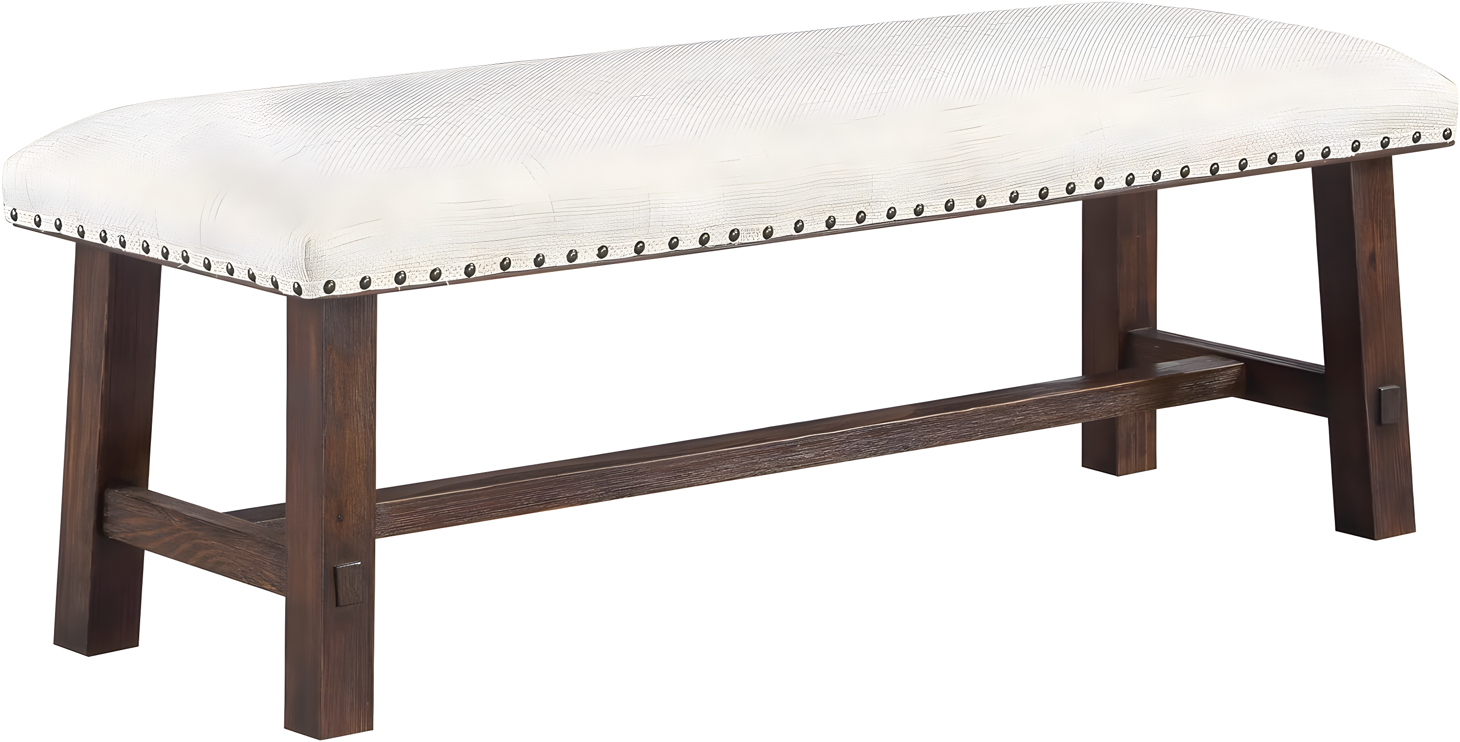 Callen Bench with Walnut Frame and Bronze Nailhead Trim in Linen White Fabric