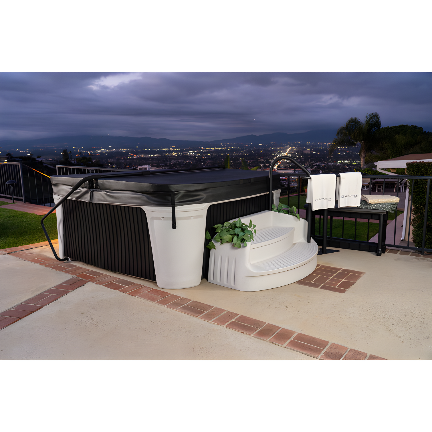 AquaRest DayDream 3500 Ensemble 7-Person 35-Jet Plug & Play Hot Tub with Ozonator, LED Waterfall, Stainless Steel Heater, Step, Cover Lifter and Ice Bucket