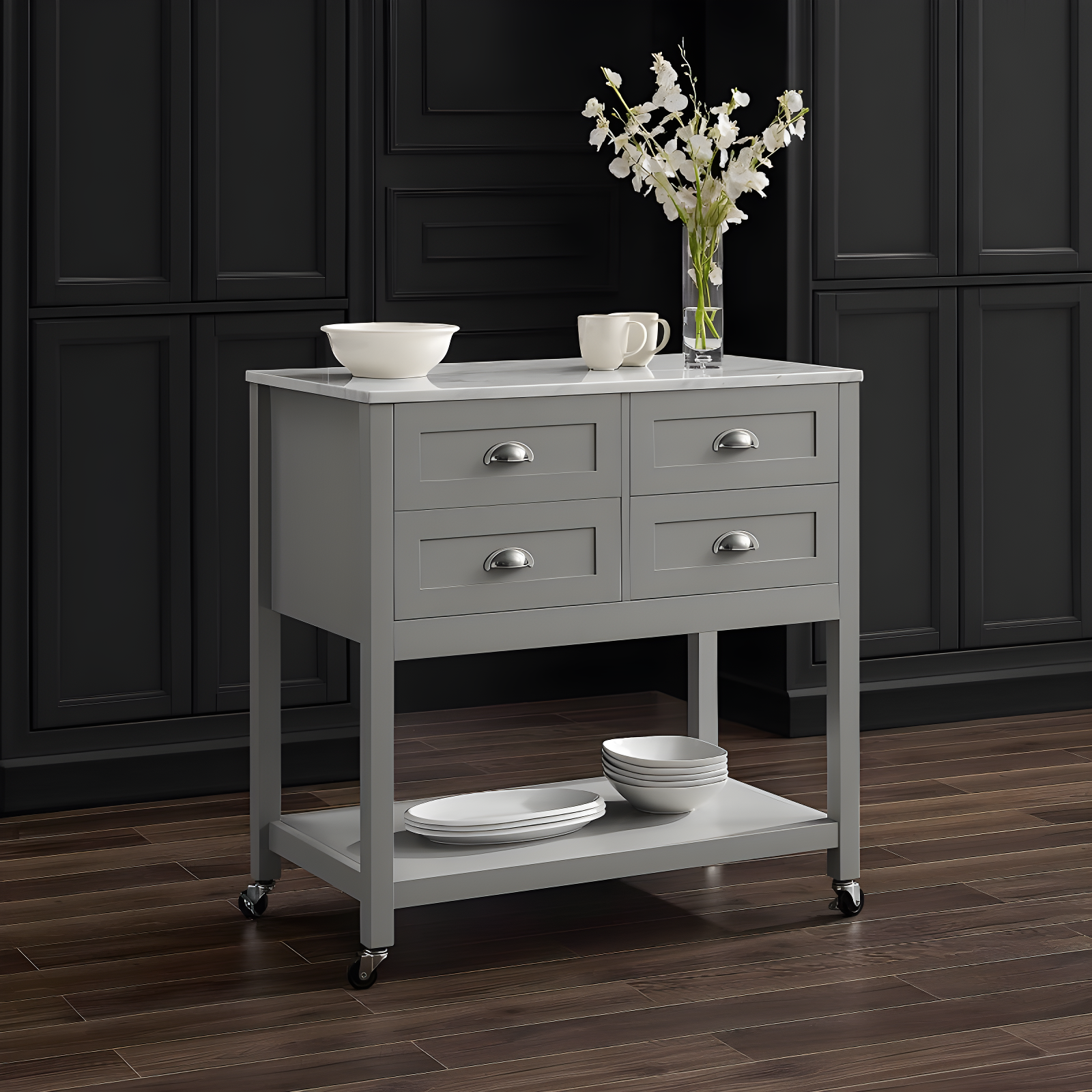 Connell Kitchen Island Cart Gray/White Marble - Crosley: Mobile Storage, 4 Drawers, Open Shelf, Locking Wheels