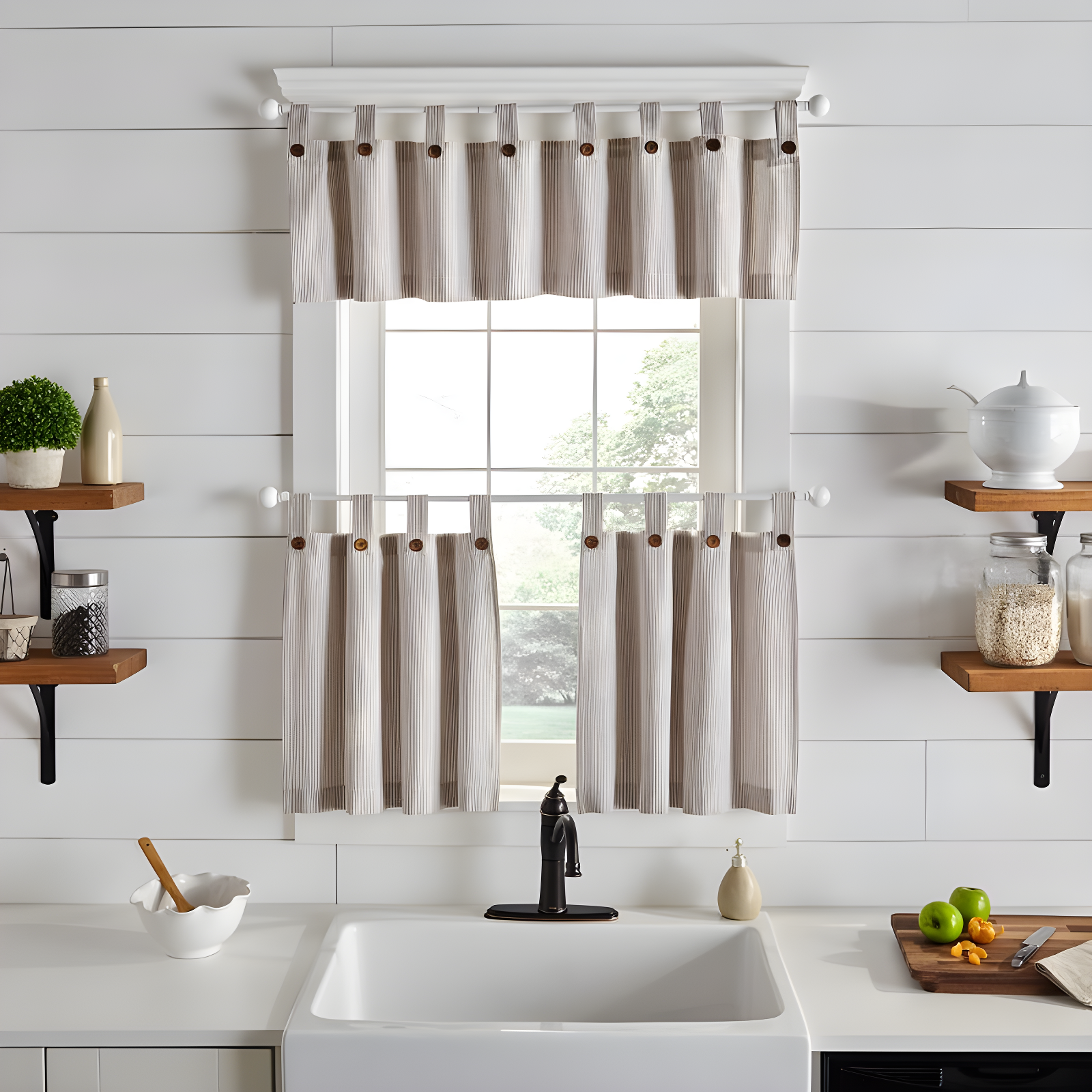 Tucker Ticking Stripe Button Tab Top Window Kitchen Valance - 60" x 15" - Linen - Elrene Home Fashions