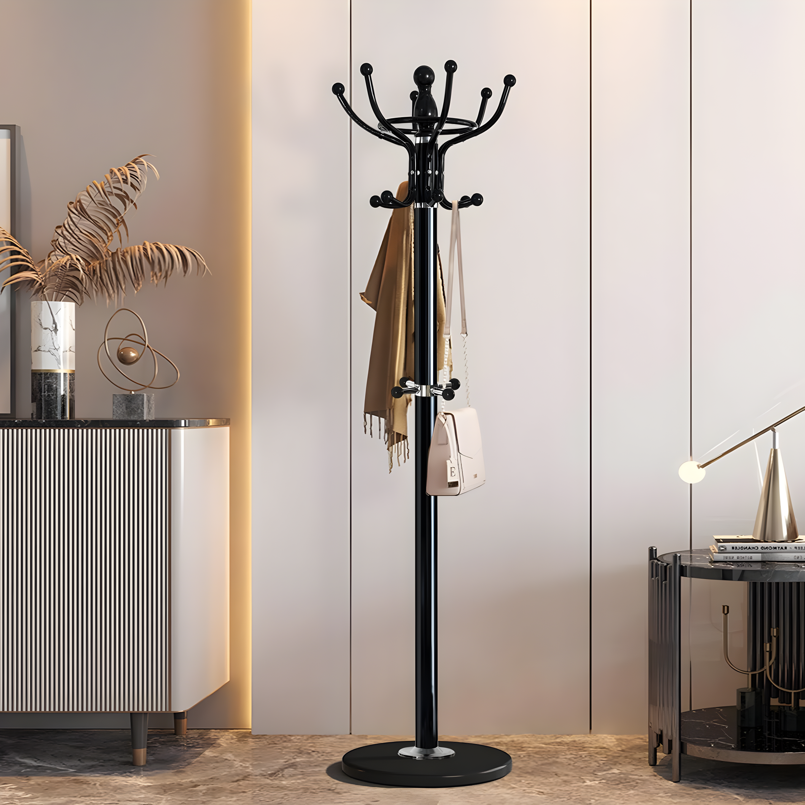 Metal Coat Rack Freestanding 16 Hooks, Entry-way Coat Racks Stand with Natural Marble Base Hall Tree, Easy Assembly for Coat Tree Hats Hanger Holder for Purse, Scarf Rack, Jacket (Black)
