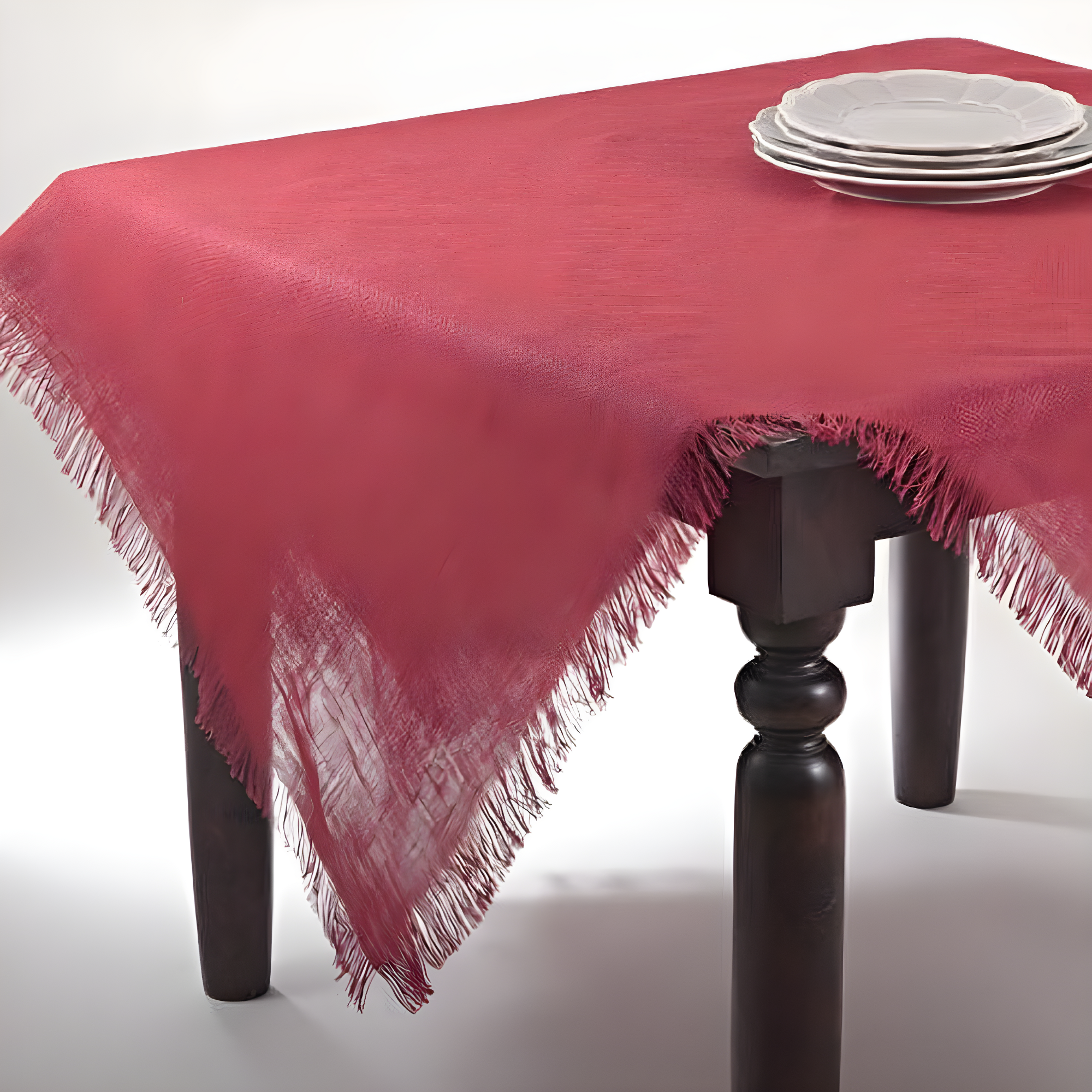 Mari Sati Fringed Burlap Jute Tablecloth, 60"x60" Square (Red)