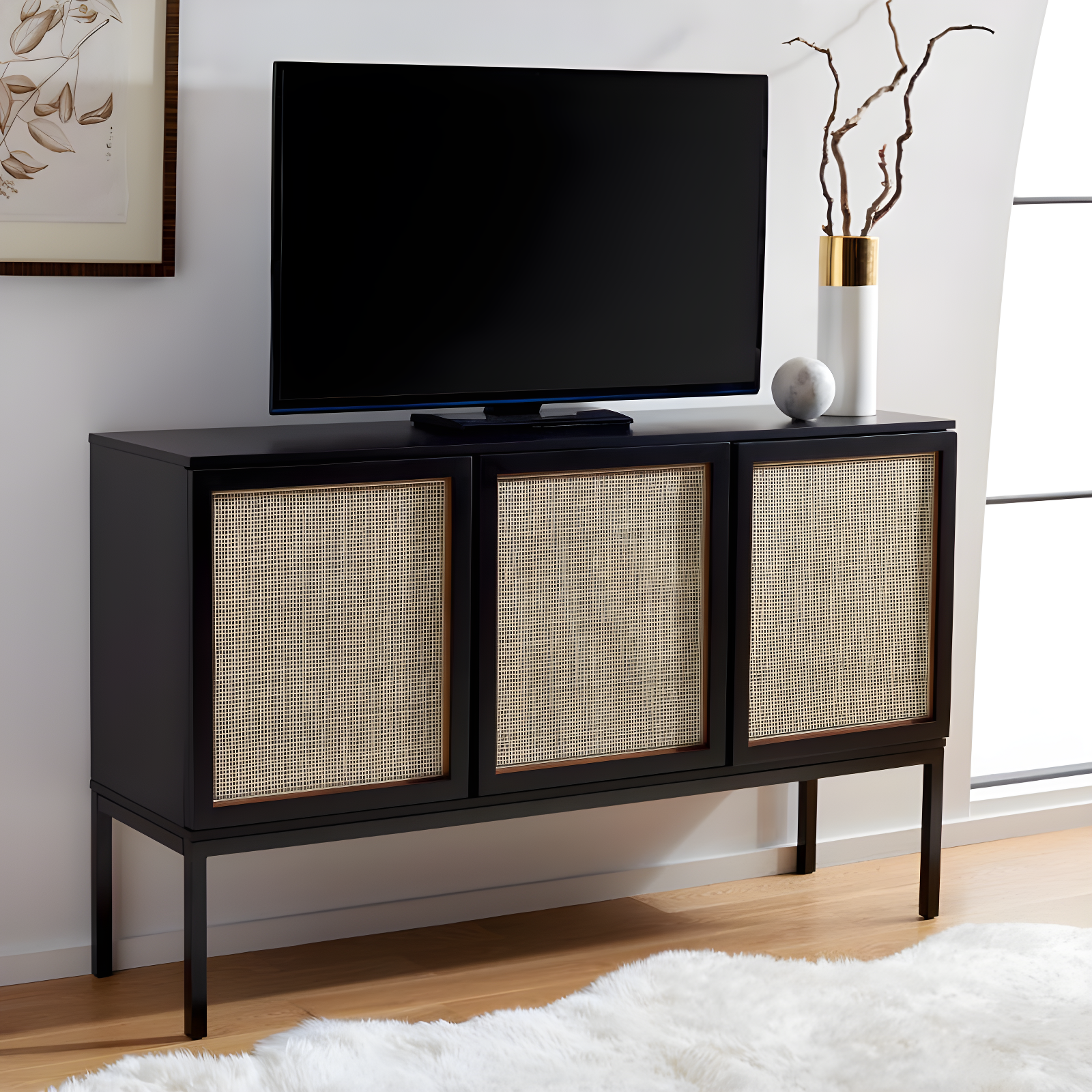 Zadie 2 Shelf Rattan Sideboard - Black/Natural - Safavieh