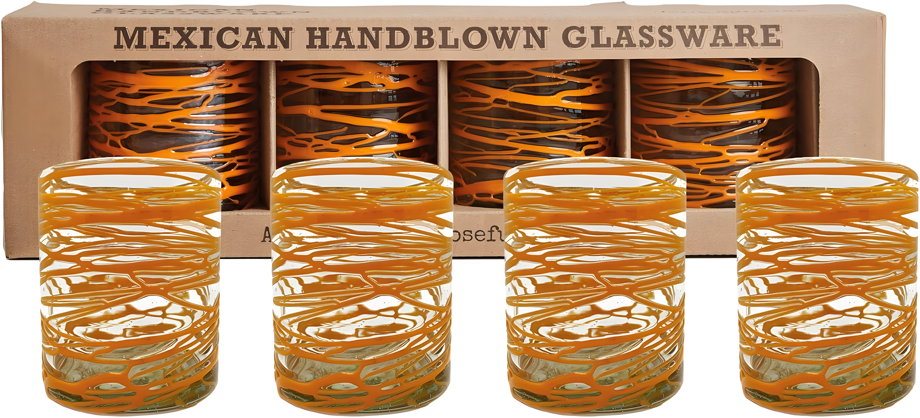 Verve CULTURE Hand Blown Drinking Glasses Set of 4 Orange Swirl Water Glasses | Authentic Mexican Glassware | 13 oz Capacity