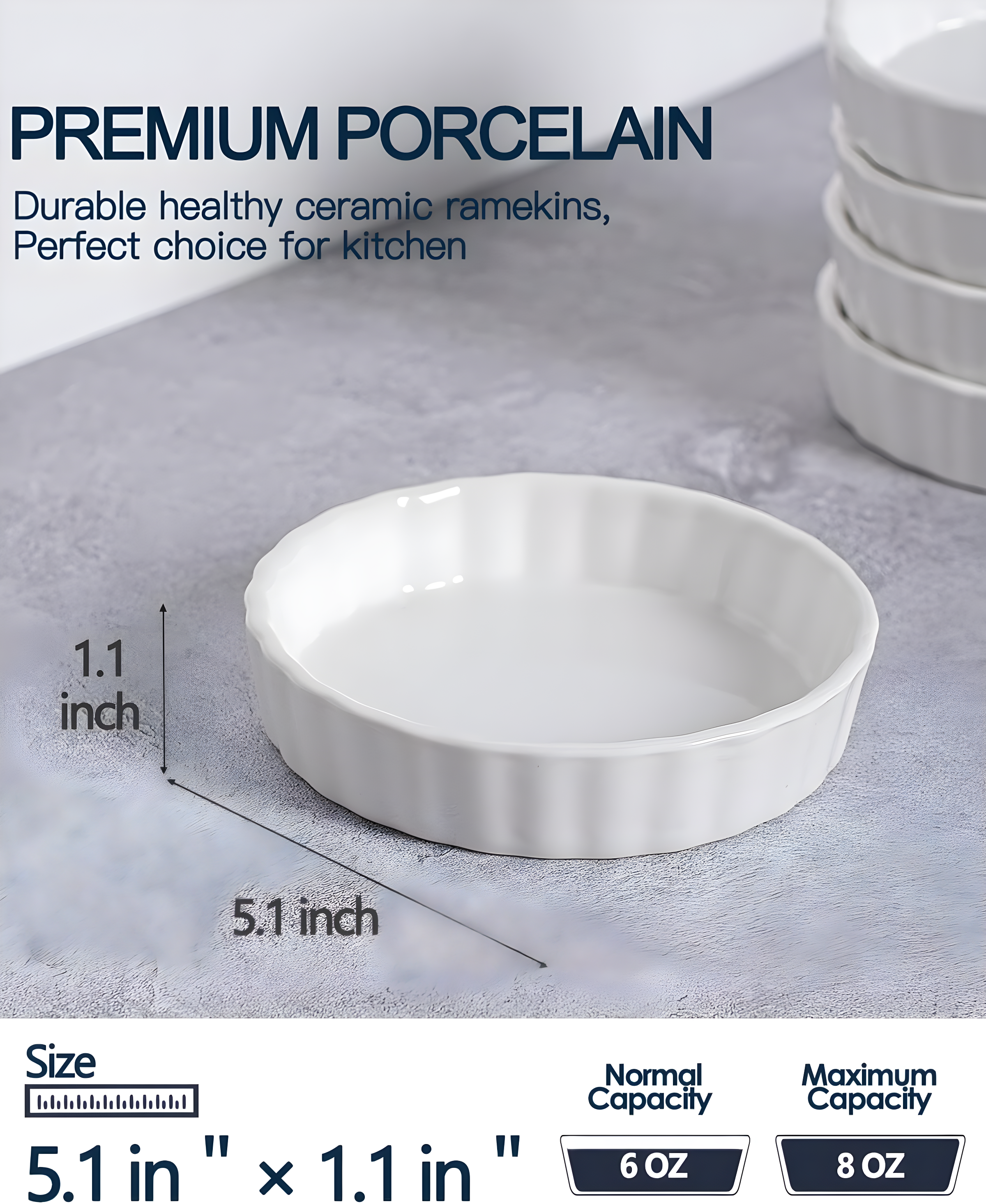 White Porcelain 8 oz Round Ramekin Set, Oven Safe, Set of 6