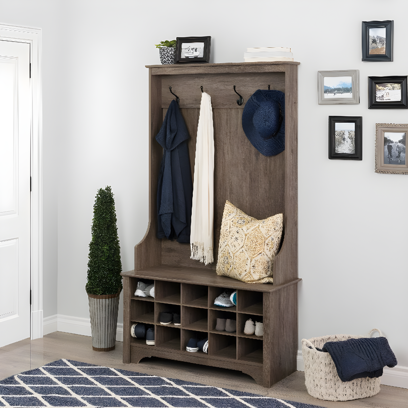 Prepac Hall Tree with Shoe Storage Drifted Gray : Entryway Organizer, Mudroom Bench, 4 Hooks, 15 Cubbies