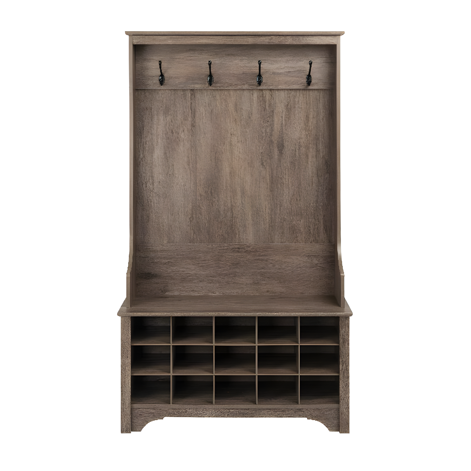 Prepac Hall Tree with Shoe Storage Drifted Gray : Entryway Organizer, Mudroom Bench, 4 Hooks, 15 Cubbies