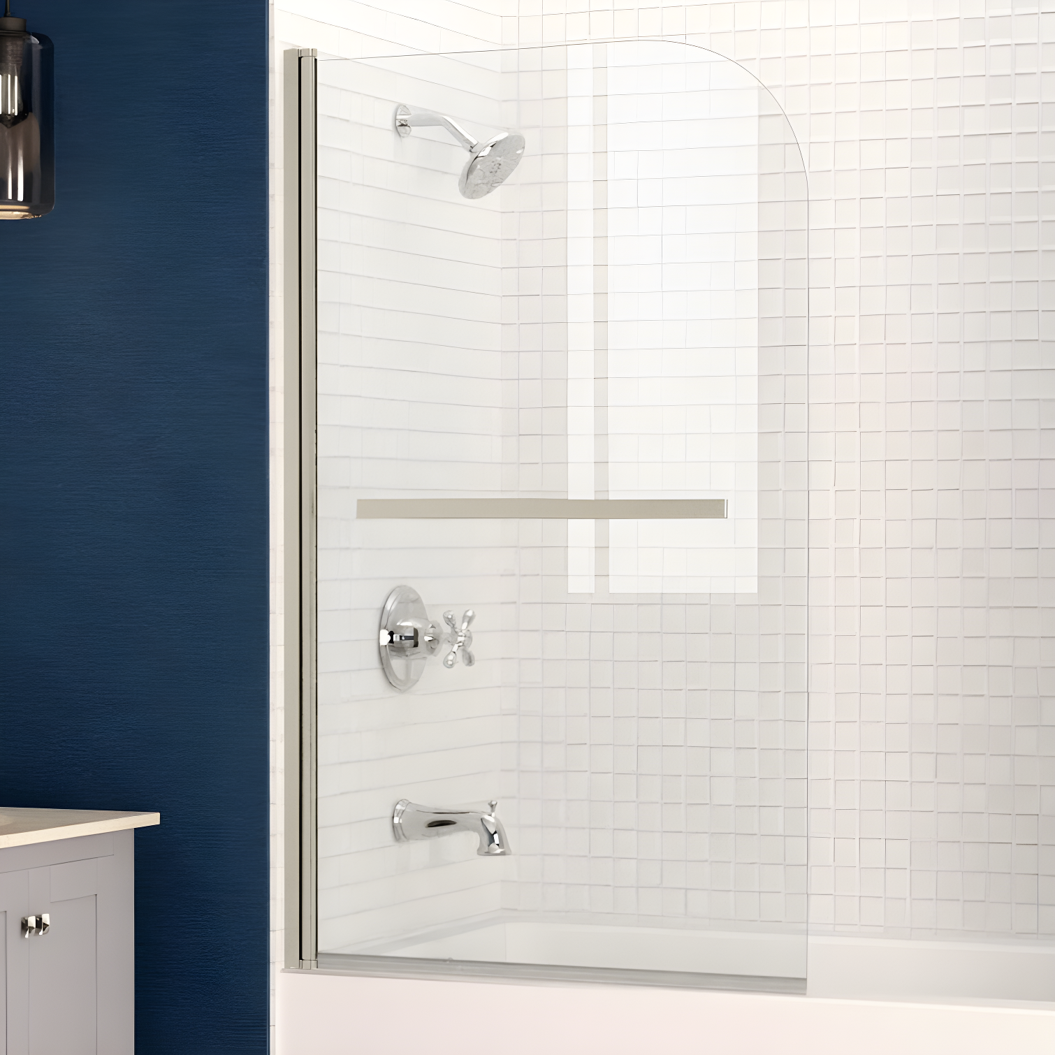 Myth 28 in. W x 56 in. H Hinged Frameless Tub Door with Tsunami Guard Technology