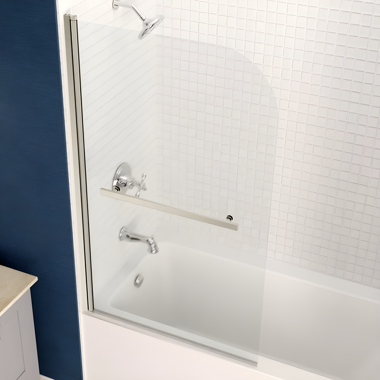 Myth 28 in. W x 56 in. H Hinged Frameless Tub Door with Tsunami Guard Technology
