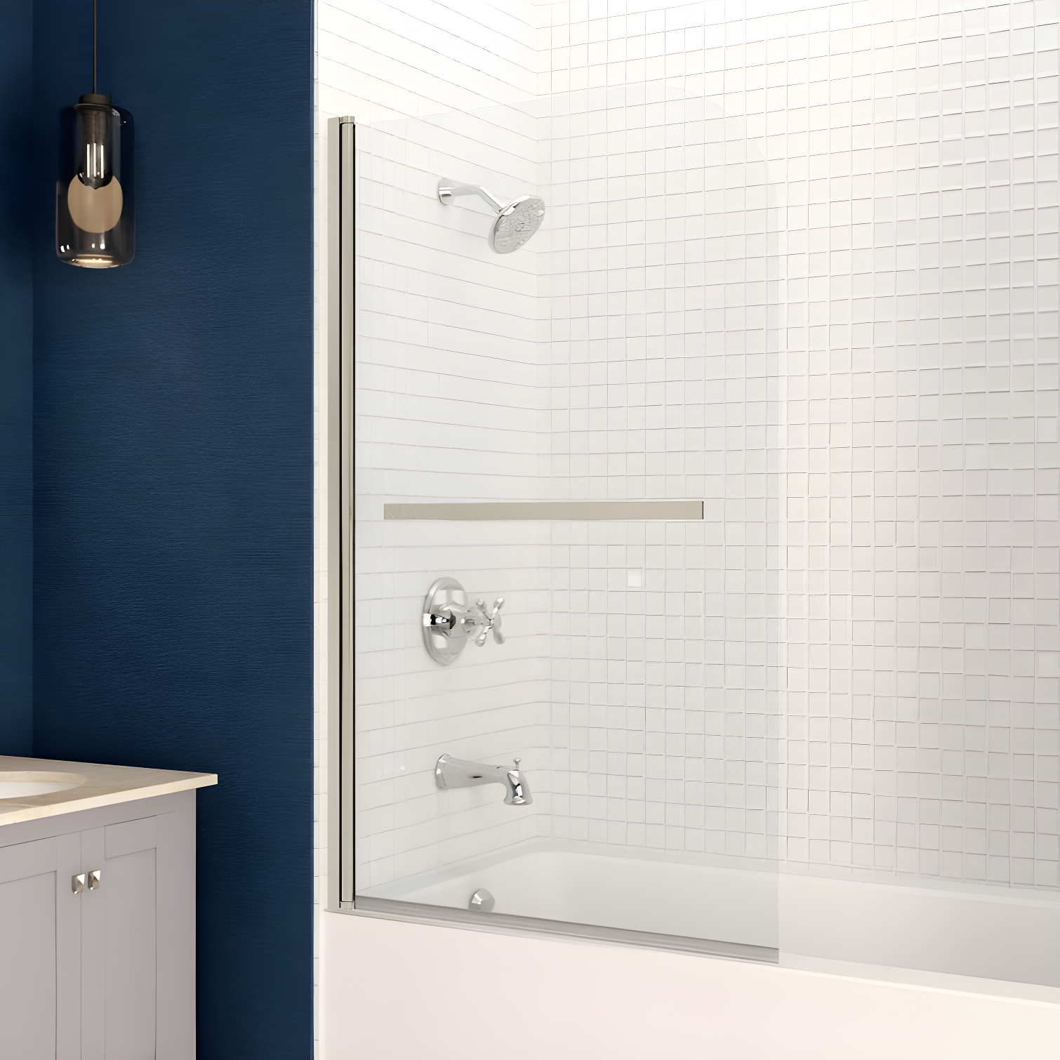 Myth 28 in. W x 56 in. H Hinged Frameless Tub Door with Tsunami Guard Technology