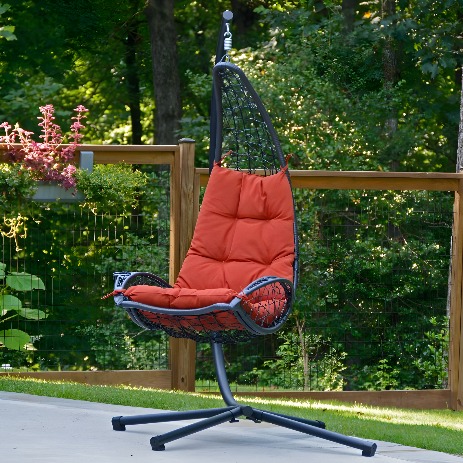 Cushioned Rattan Wicker Hanging Chair with Stand - Terra Cotta - Algoma: Outdoor Patio Furniture, UV Resistant