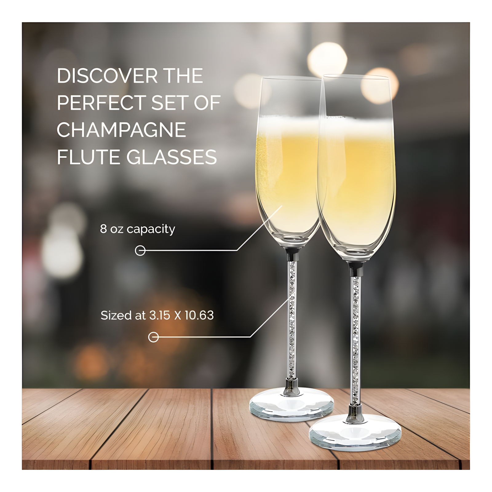 American Atelier Champagne Flutes Set of 2, Gem Filled Stem Toasting Glasses, Giftware for Anniversaries, Engagements, or Holidays, 10" Tall