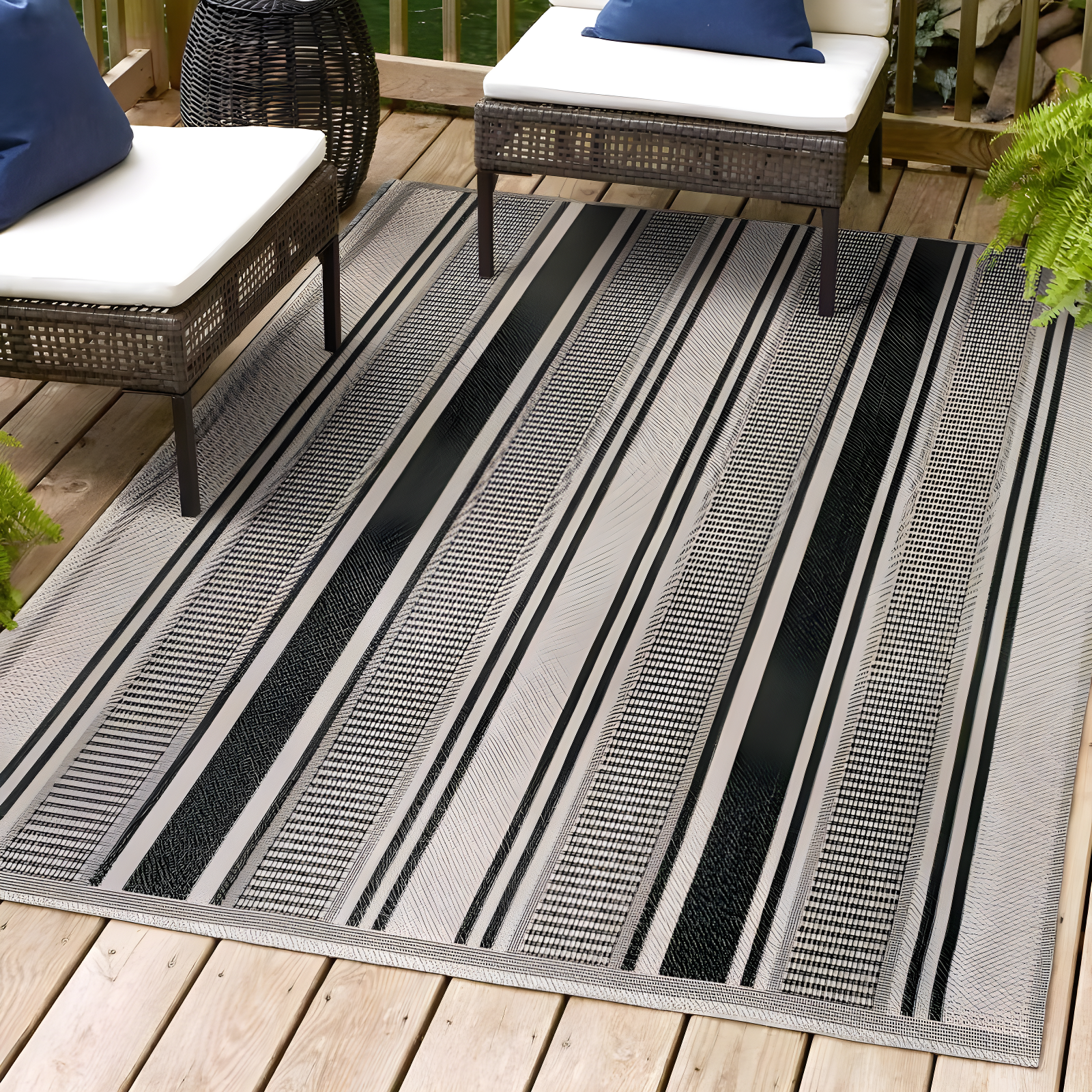 3' x 5' Haynes Modern Double Stripe Indoor/Outdoor Area Rug, Black/Beige - JONATHAN Y