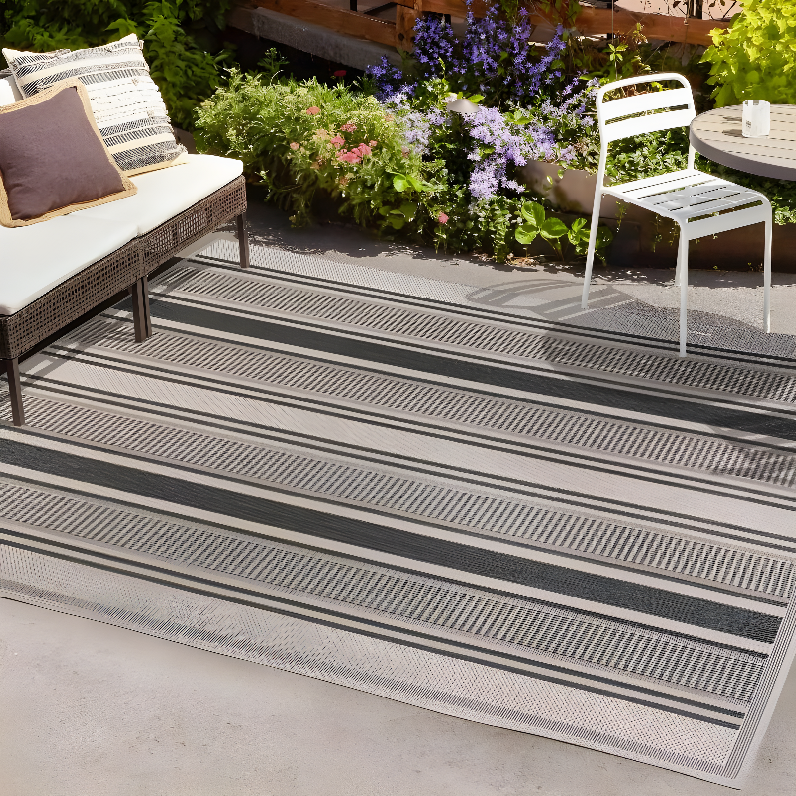3' x 5' Haynes Modern Double Stripe Indoor/Outdoor Area Rug, Black/Beige - JONATHAN Y