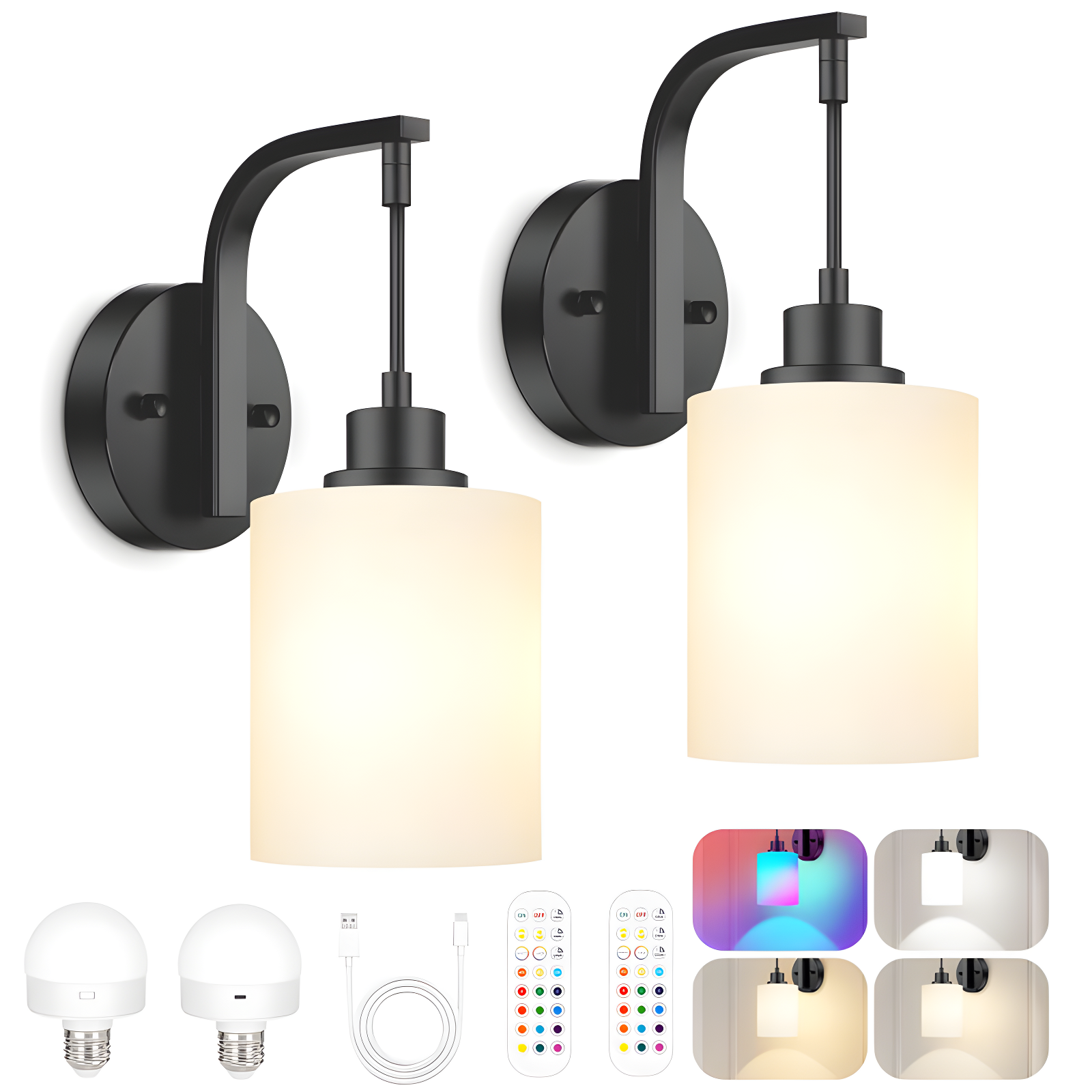 Latitude Run® Battery Operated Wall Sconce Set Of 2, Wireless Rechargeable Wall Lights, Glass Wall Lamps With Remotes And Dimmable RGB LED Bulbs, No Wiring Indoor Sconces Wall Decor For Bedroom Living Room Hallway